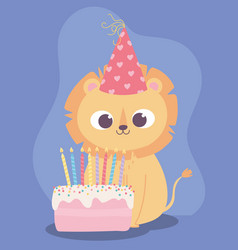 Happy Birthday Cute Little Lion With Hat And Cake