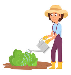 Woman Watering Green Plants Cartoon Gardener