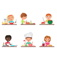 Cute Cartoon Kids Preparing Food On The Kitchen