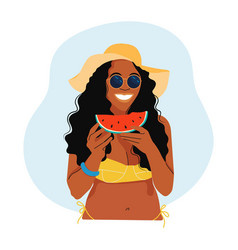 Cute Women Character Eating Ripe Red Watermelon