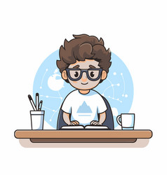 Boy Working On Computer At Home In Cartoon Style