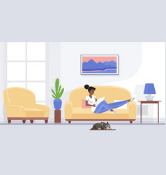 Rest And Relax Of Woman With Laptop Lying On Sofa