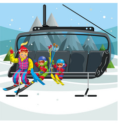 Happy Cartoon Family Riding In Ski Lift