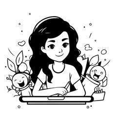 Girl Studying At Home In Cartoon Style Cute