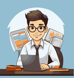 Businessman Working At His Desk In Cartoon Style