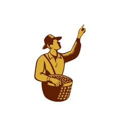 Fruit Picker Worker Pointing Woodcut