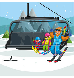 Happy Cartoon Family Riding In Ski Lift