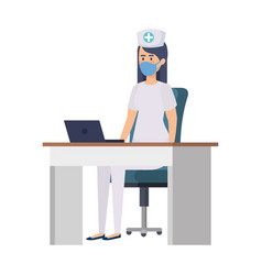 Nurse With Face Mask In Desk And Laptop