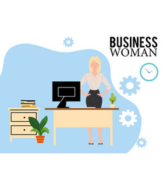 Blond Businesswoman Cartoon With Computer On Desk