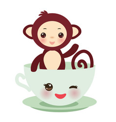 Cute Kawaii Pink Cup With Brown Monkey Isolated