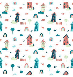 Seamless Pattern With Fairy Houses And Rainbows