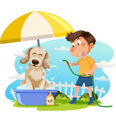 A Boy Washing His Dog Cartoon