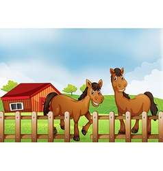 Horses Inside The Wooden Fence With A Barn