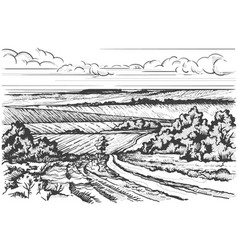 Rural Landscape Hand Drawn Ink Sketch Countryside