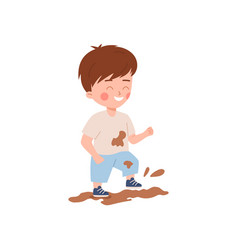 Happy Little Kid Playing In Mud Cartoon Flat