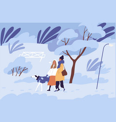 Couple People Walking With Dog In Winter Park