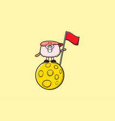 Cute Cartoon Sushi Shrimp Stand Moon With Flag