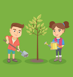 Little Caucasian And Girl Planting The Tree