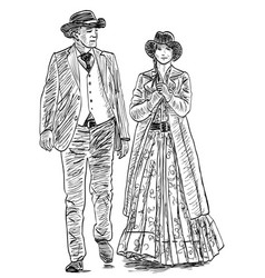 Sketch Couple In Vintage Costumes Wild West