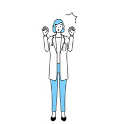 A Woman Doctor In White Coat Raising Her Hand