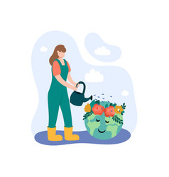 Female Holding Watering Can And Watering Planet