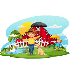 Rainy Farm Scene With Cartoon Character