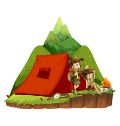 Two Kids Camping Out In The Mountain