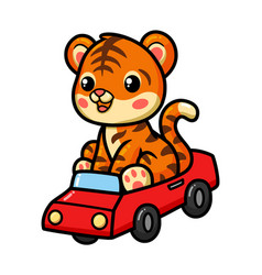 Cute Baby Tiger Cartoon Driving Red Car