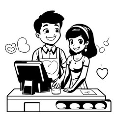 Couple In Love Playing Computer Game Cartoon