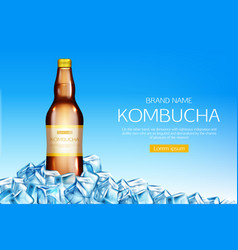 Kombucha Bottle On Ice Cubes Heap Mockup Banner