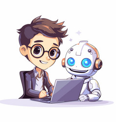 Cute Boy With Robot Working On Laptop Computer