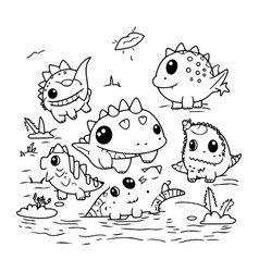 Set Of Cute Dinosaurs In The Water Hand Drawn