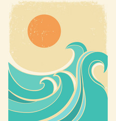 Ocean Big Wave Vintage Poster With Sun On Old