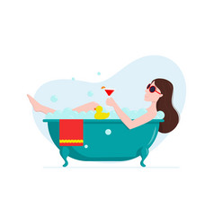 Woman Is Taking A Bath With Glass Drink