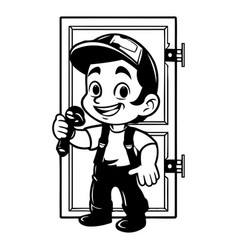 Cartoon Handyman Standing In Front Of The Door