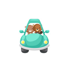 Cute Little Bear And Beaver Driving Emerald Car