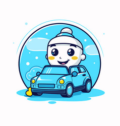 Cute Cartoon Robot Driving A Car In The Snow