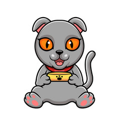 Cute Scottish Fold Cat Cartoon Holding Food Bowl