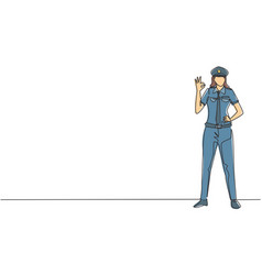 Single One Line Drawing Of Female Pilot Stands