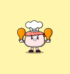 Cute Cartoon Sushi Shrimp Chef Hold Chicken Thighs