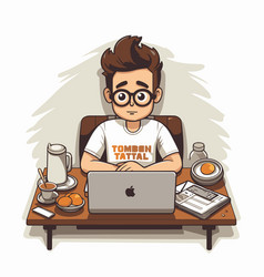 Young Man Working On Laptop At Home In Cartoon