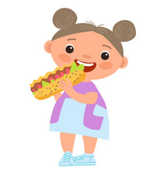 Kid Eats Hot Dog Girl With Fast Food In Cartoon