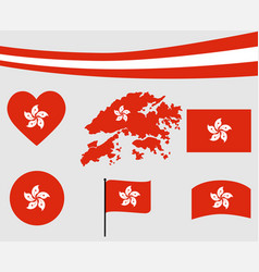 Hong Kong Flag Map Ribbon And Heart Icons