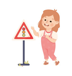 Cute Girl Standing Near Minimum Speed Traffic Sign