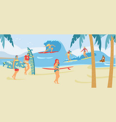 Tropical Beach Background With Group Of Surfers