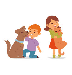 Boy Petting Happy Brown Dog And Girl Holding