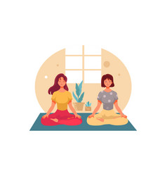 Two Girl Do Yoga In Lotus Pose Room