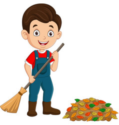 Cartoon Boy Gardener Raking Leaves