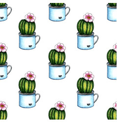 Watercolor Of A Cactus Pattern With A Flower