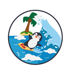 Happy Penguin Cartoon Surfing Logo